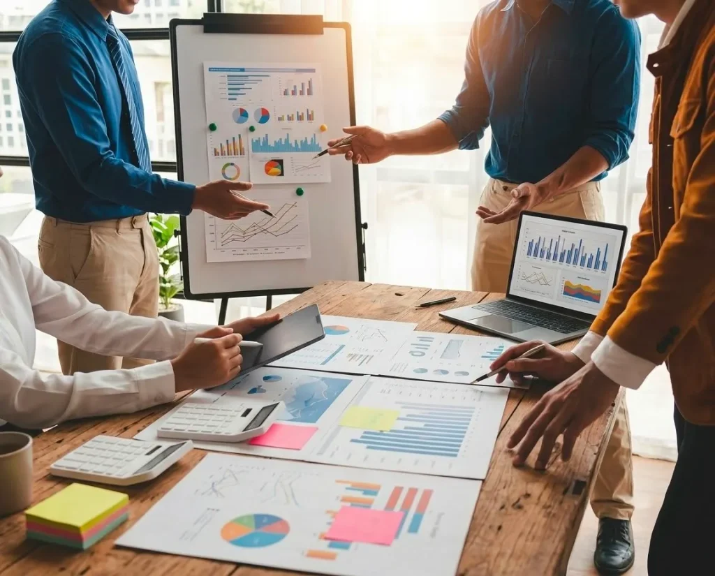 Digital marketing strategy meeting with performance charts and data analysis