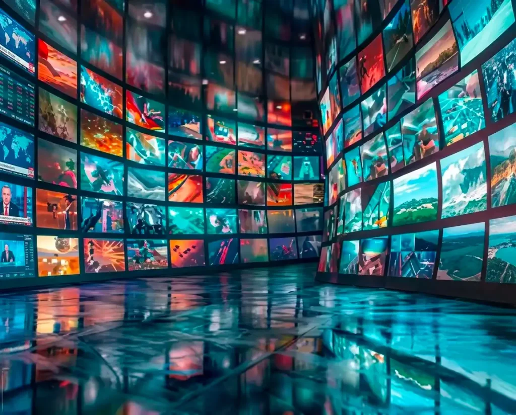 Wall of digital screens showing content and campaign visuals